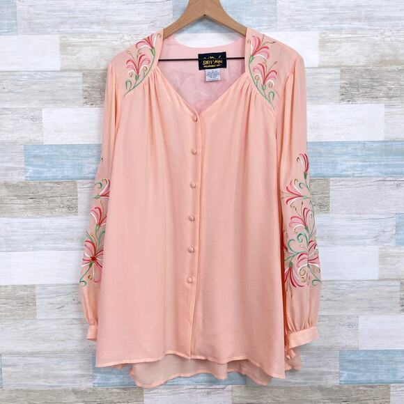 Bob Mackie Silk Floral Embroidered Crepe Blouse Pink Wearable Art Womens Large - Picture 1 of 6